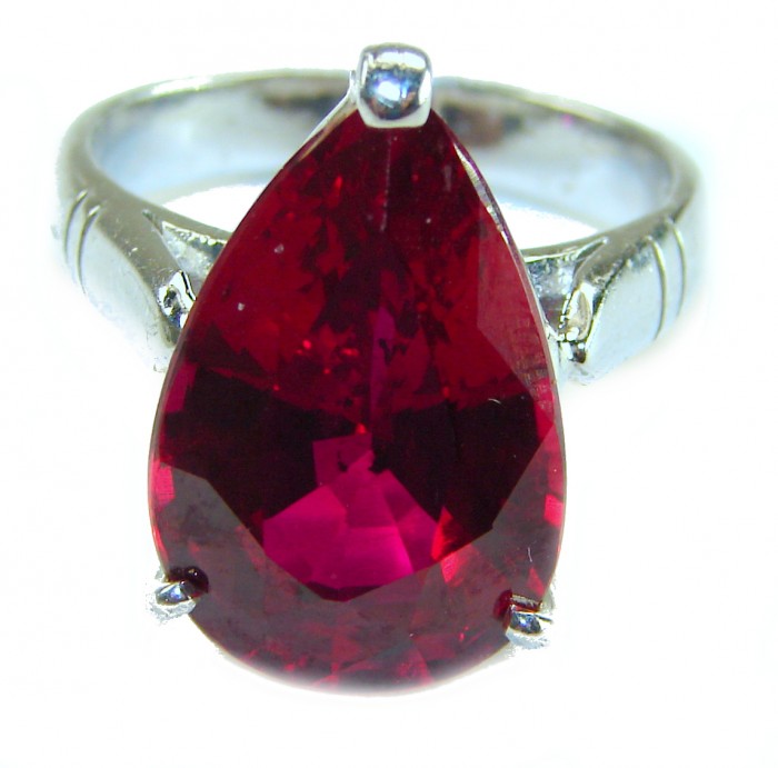 Bella Rosa Genuine 18.8 CARAT Ruby .925 Sterling Silver Large Statement Ring size 8 - Pear-shaped ruby ring in sterling silver, front view close-up.
