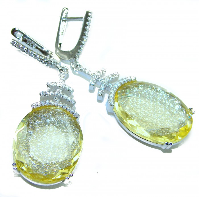 Costa del Sol 22.8 carat Lemon Quartz rhodium over .925 Sterling Silver handcrafted Statement Earrings - Close-up of Costa del Sol Lemon Quartz earrings with diamond accents