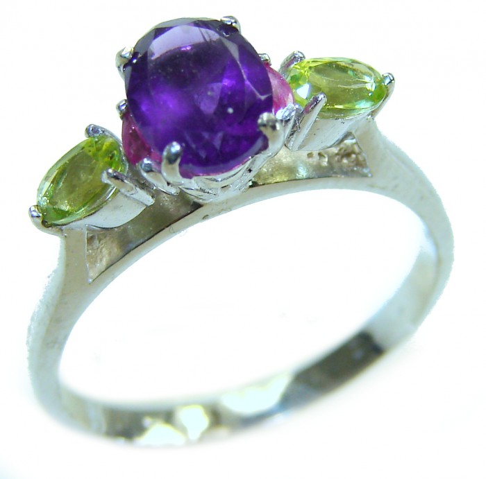 3.8 carat Purple Amethyst .925 Sterling Silver Handcrafted Ring size 9 - Side view of a purple amethyst and green gemstones on sterling silver ring.