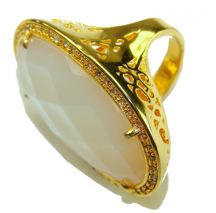 Luxurious Blister Pearl 1.03 carat lab. grown diamonds 18K Gold over .925 Sterling Silver brilliantly handcrafted ring s. 5 1/4 - Side view of luxurious ring with blister pearl and diamonds in 18K gold.