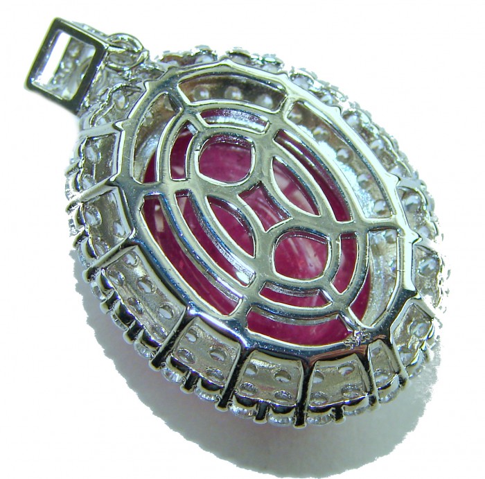 Rare finding! Deluxe 27.2 carat authentic Kashmir Ruby rhodium over .925 Sterling Silver handmade Statement Pendant - Back view of 27.2 carat Kashmir Ruby pendant with intricate setting.