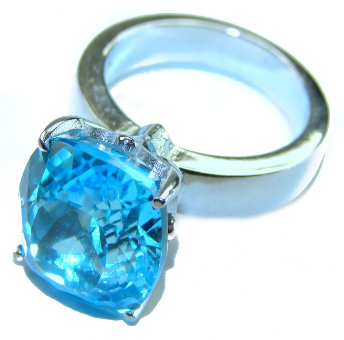 Pacifica 10.5 carat authentic Swiss Blue Topaz .925 Sterling Silver handmade Statement Ring size 8 - Close-up of Pacifica Swiss Blue Topaz ring in sterling silver.