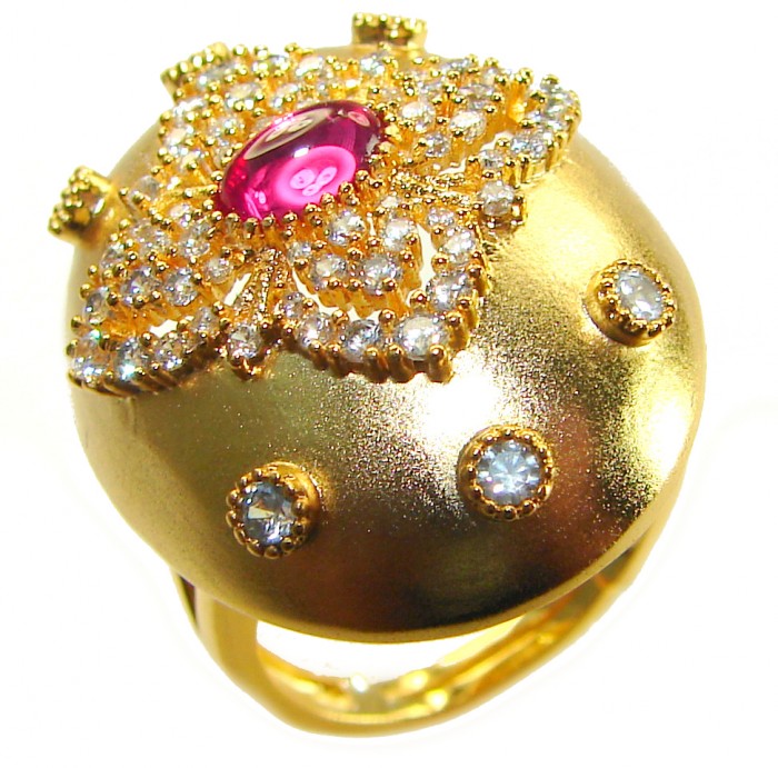 Byzantine design Authentic 2.2 carat 18K Gold over .925 Sterling Silver handcrafted Large Ring s. 8 - Close-up of Byzantine gold ring with pink and clear stones.