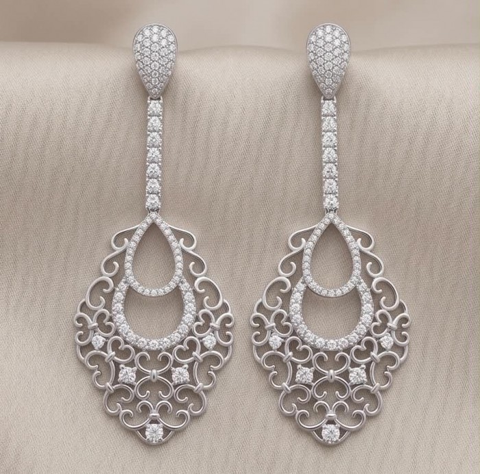 Pure Luxury 6.2 carat natural White Topaz .925 Sterling Silver handmade Statement earrings - Front view of intricate white topaz and sterling silver earrings.