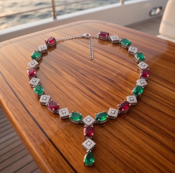Ginevra - Luxurious natural 18.4 carat Ruby Emerald .925 Sterling Silver handmade Statement necklace - Necklace on table, featuring rubies, emeralds, and .925 silver settings.
