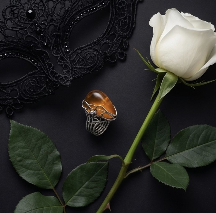Spider's Web Authentic Golden Butterscotch Baltic Amber .925 Sterling Silver entirely handcrafted LARGE ring; s. 7 adjustable - Top view of intricate ring with golden amber, black mask, and white rose.