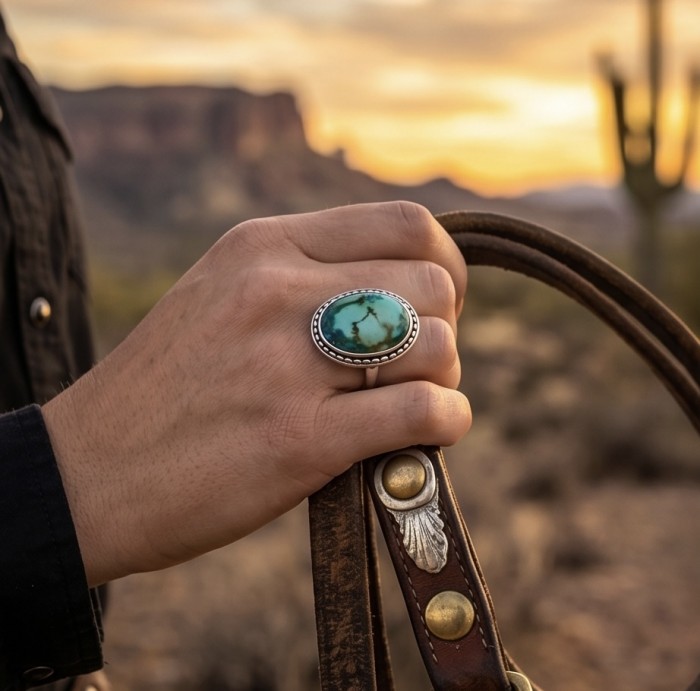 Beautiful Journey - Rare authentic Turquoise .925 Sterling Silver handcrafted Large ring; s. 7 1/2 - Turquoise ring worn on hand holding leather straps in desert setting.