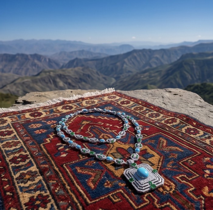 Art Deco - Pacifica - 178.4 carat Turquoise Emerald .925 Sterling Silver handmade Statement necklace; 24 inches long - Art Deco turquoise emerald necklace on patterned rug, mountain view.