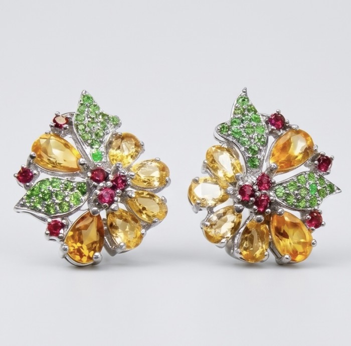 Vivien Luxurious Style - Natural 19.2 carat Brazilian Citrine .925 Sterling Silver dipped in rhodium handmade earrings - Front view of colorful floral gemstone earrings with citrine stones