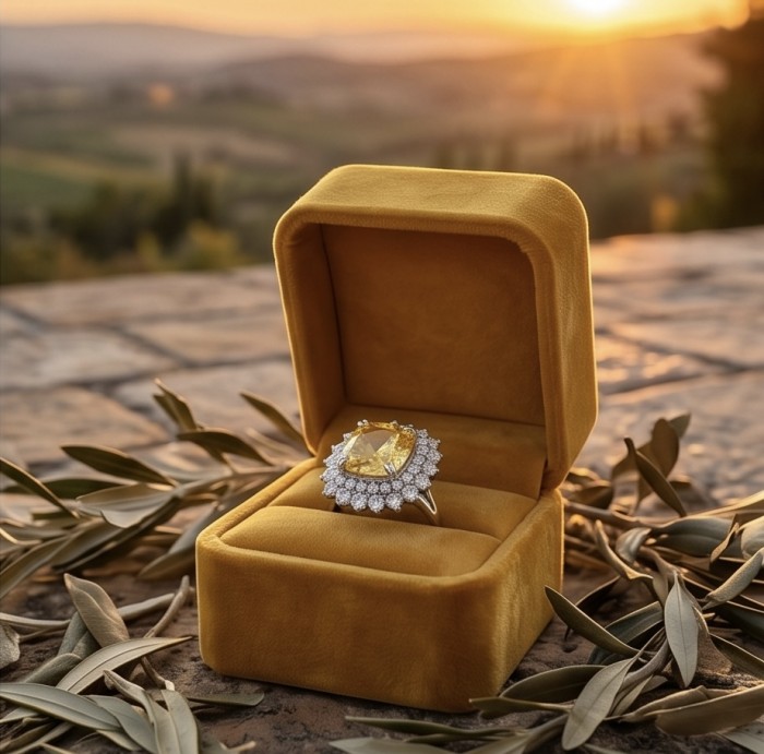 Solid 25.8 carat Genuine Yellow Sapphire .925 Sterling Silver handcrafted ring size 7 1/4 - Yellow sapphire ring in open box at sunset, surrounded by olive leaves.