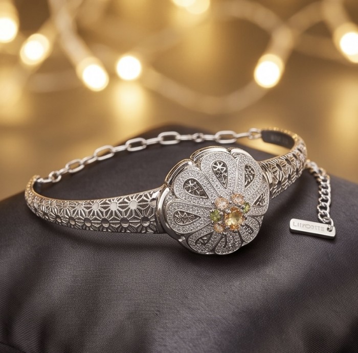 Casablanca - authentic 3.6 carat Brazilian Tourmaline .925 Sterling Silver Bracelet - Elegant bracelet, side view showcasing intricate design and stones.