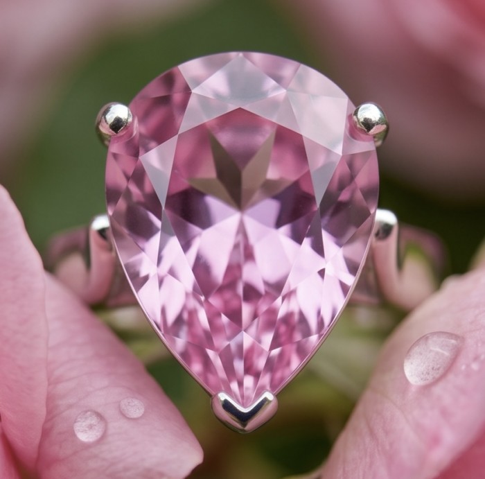 Tiffany - authentic pear cut 14.5 carat Pink Sapphire .925 Sterling Silver Handcrafted Statement Ring size 9 - Close-up of 14.5 carat pink sapphire ring in a pear cut setting.