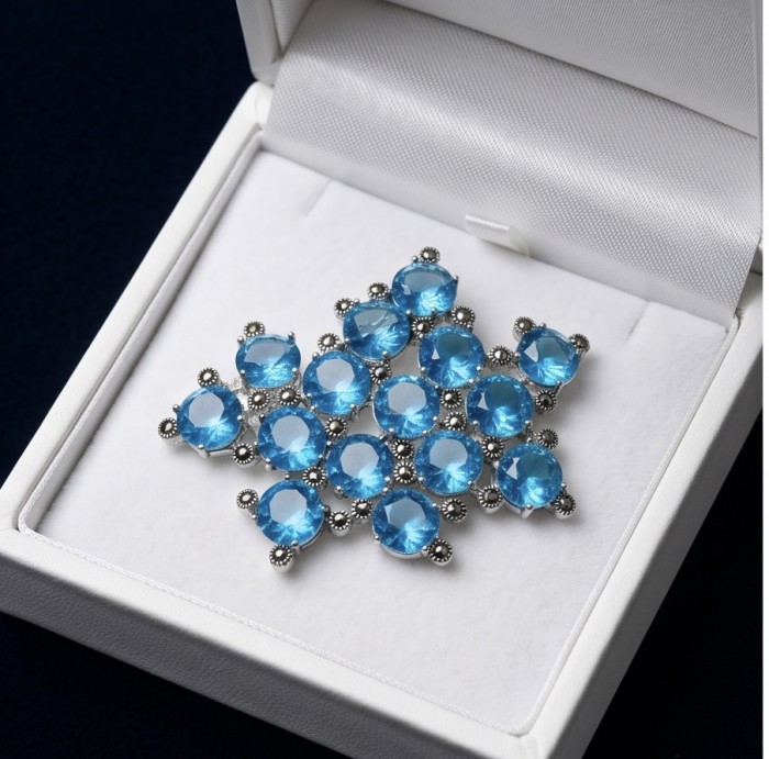 Blue Sky Authentic 45.5 carat Swiss Blue Topaz .925 Sterling Silver DIPPED IN RHODIUM handmade LARGE Pendant - Brooch - Blue Swiss topaz brooch in box, top view, silver setting detail