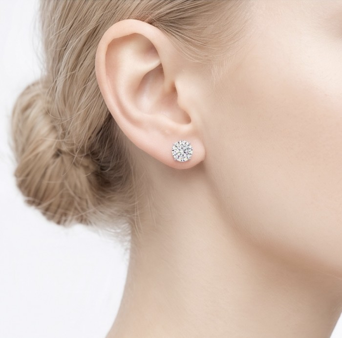 Angelina 8.9 carat authentic White Topaz .925 Sterling Silver Handcrafted Earrings - Side view of Angelina White Topaz stud earring worn on ear.