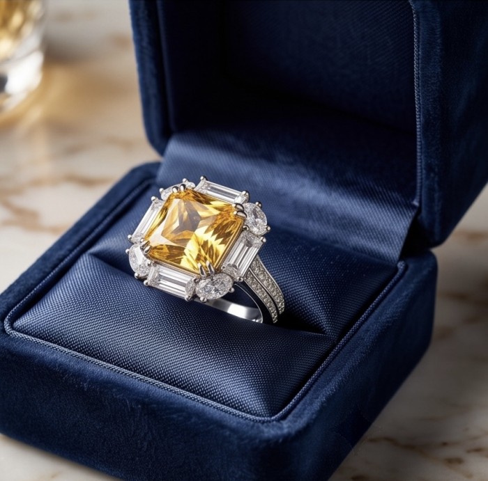 Art Deco - Luxurious asscher cut 15.7 carat Yellow Sapphire rhodium over .925 Sterling Silver handcrafted Ring s. 6 - Art Deco ring with yellow sapphire, side view in blue velvet box