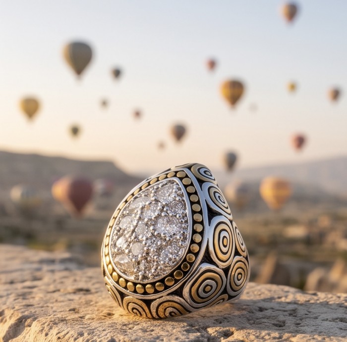 Luxurious - 6.2 carat White Topaz two tones .925 Sterling Silver handcrafted ring size 8 - Intricate ring with white topaz, balloons in background, side view.