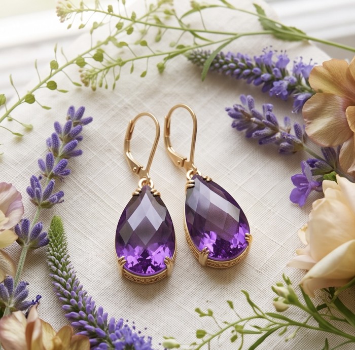 Natural 22.6 carat fancy pear cut Amethyst 14K Gold over .925 Sterling Silver handmade earrings - Pear cut amethyst earrings with gold setting on floral background