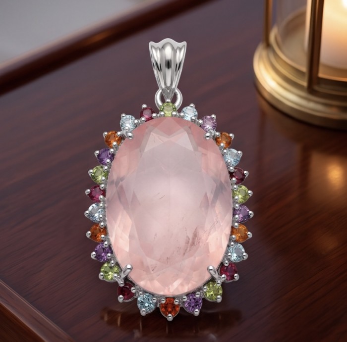 Brazilian Beauty 28.5 carat ROSE QUARTZ rhodium over .925 Sterling Silver handcrafted pendant - Close-up of Brazilian Beauty Rose Quartz pendant with rhodium setting