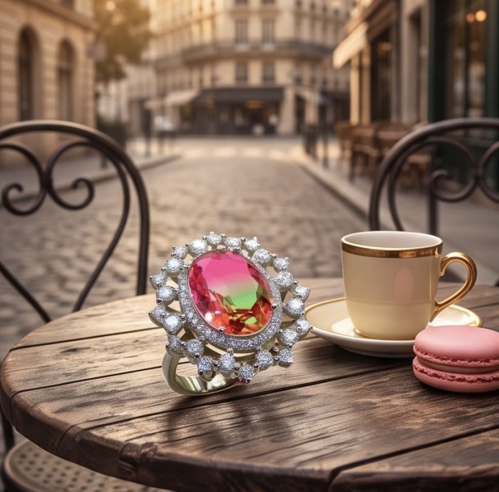 12.8 carat Brazilian Tourmaline .925 Sterling Silver dipped in rhodium Perfectly handcrafted Ring s. 8 - Tourmaline ring on table with cup and macarons, outdoor cafe setting.