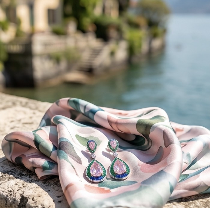 Emily - Art Deco - Precious genuine 12.2 carat Kunzite rhodium over .925 Sterling Silver handcrafted earrings - Earrings on patterned scarf with lakeside backdrop, top view