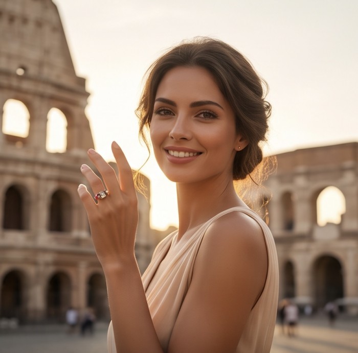 Victoria 5.2 carat Brazilian Citrine .925 Sterling Silver dipped in 14K Gold handcrafted ring; s. 8 - Woman wearing Victoria 5.2 carat Brazilian Citrine ring in front of Colosseum.