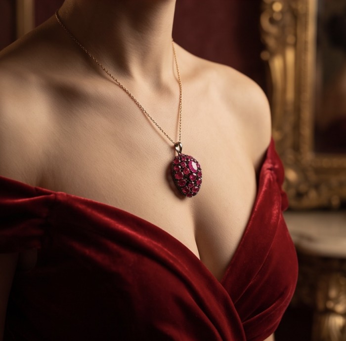 Giovanna 24.2 carat authentic Mozambique Ruby Marcasite black rhodium over .925 Sterling Silver handmade Pendant - Necklace with Mozambique Ruby pendant on model wearing red dress.