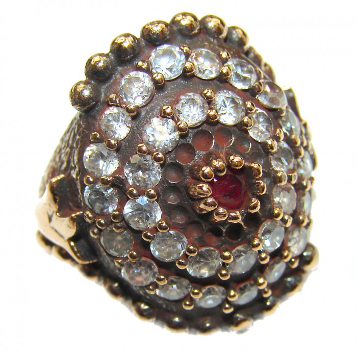 Large Victorian Style created Ruby & White Topaz Sterling Silver ring; s. 6 1/4 - photo 1