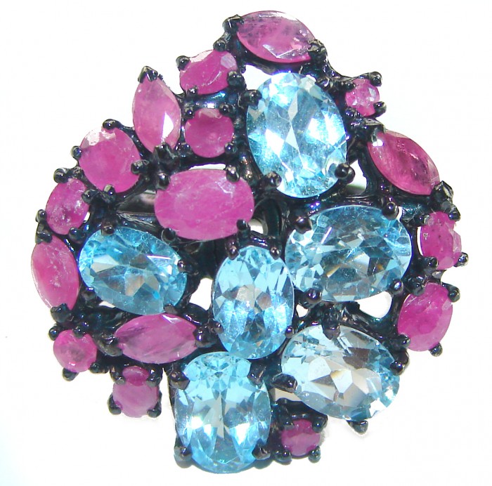 Blue Mystery 19.8 carat oval cut Swiss Blue Topaz black rhodium over .925 Sterling Silver handmade Ring size 7 1/2 - photo 2