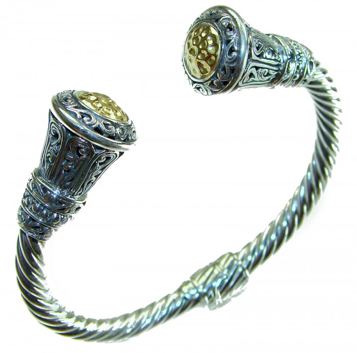Heavy and Solid 39.5 grams authentic 14K Gold over .925 Sterling Silver handcrafted bracelet - Close-up of ornate bracelet with gold accents and engraved details.