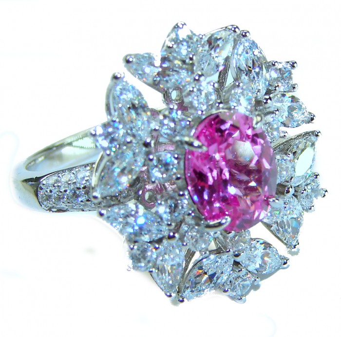 Real Beauty 3.6 carat oval cut Pink Sapphire .925 Silver handcrafted Cocktail Ring s. 7 1/4 - Close-up of oval pink sapphire ring with diamond accents