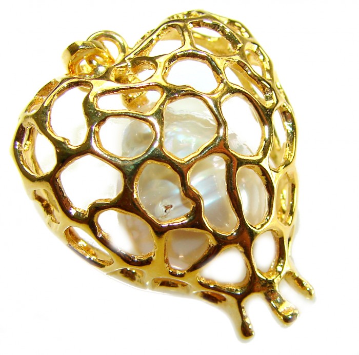 Precious Angels Wings genuine Pearl 14k Gold over .925 Sterling Silver handmade Pendant - Heart-shaped gold cage pendant with pearl inside, close-up view.
