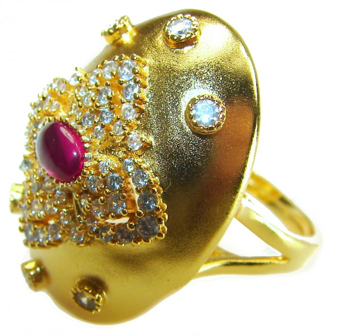 Byzantine design Authentic 2.2 carat 18K Gold over .925 Sterling Silver handcrafted Large Ring s. 8 - Close-up of Byzantine design ring with ruby and diamonds, side view.