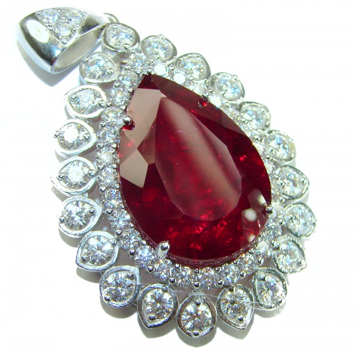 Rare finding! Deluxe 49.8 carat authentic Kashmir Ruby rhodium over .925 Sterling Silver handmade Statement Pendant - Close-up of deluxe 49.8 carat Kashmir Ruby with diamond halo setting