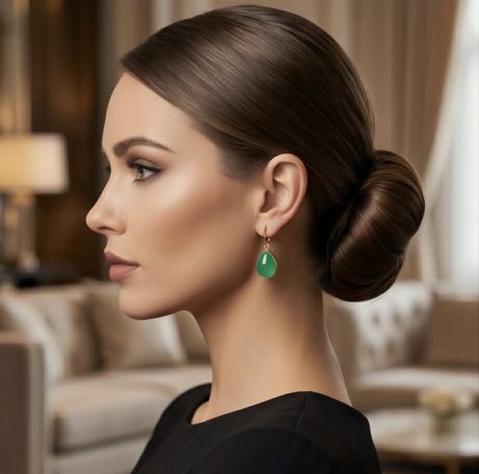 Unique genuine Jade 18K Gold over over .925 Sterling Silver handcrafted earrings - Side view of jade earrings in 18K gold over sterling silver, worn