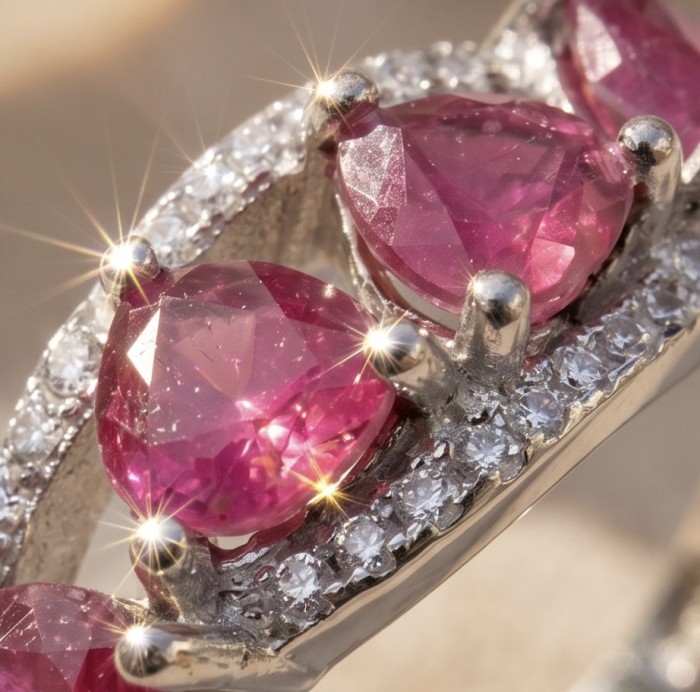 4 Hearts Natural 7.4 carat Ruby .925 Sterling Silver dipped in Rhodium handmade Statement Ring size 6 1/4 - Close-up of four heart-shaped rubies in sterling silver setting.