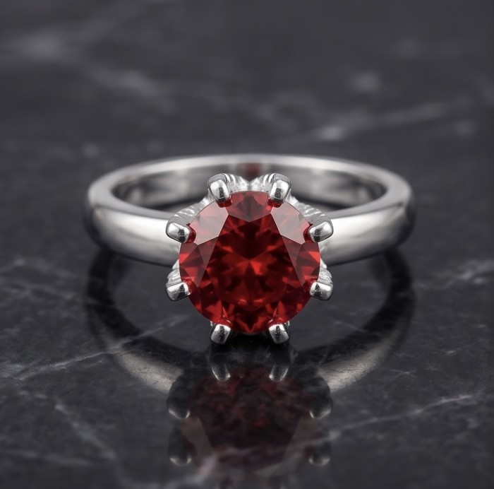 5.6 ctw Red Topaz .925 Sterling Silver handcrafted Statement Ring size 6 - Red topaz ring in sterling silver, top view on marble background