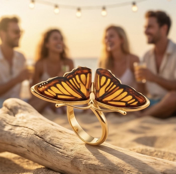 Butterfly Authentic Baltic Amber .925 Sterling Silver dipped in 18K Gold handcrafted ring; s. 6 adjustable - Butterfly amber ring on driftwood, beach party background