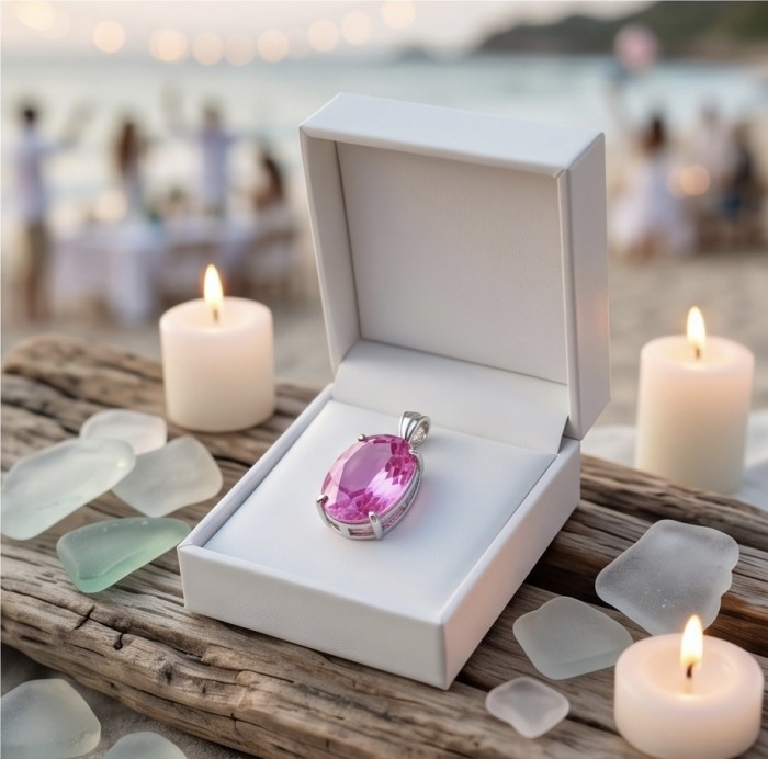 Oval cut 28.8 carat Bubblegum Pink Sapphire from Madagascar .925 Sterling Silver handcrafted pendant - Oval Pink Sapphire pendant in box on beach with candles, front view.