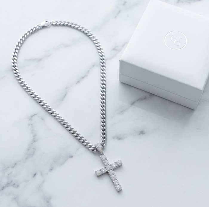 Precious White Cross Genuine 14K White Gold over .925 Sterling Silver handmade necklace - Necklace on marble, top view, 14K white gold cross pendant with box.