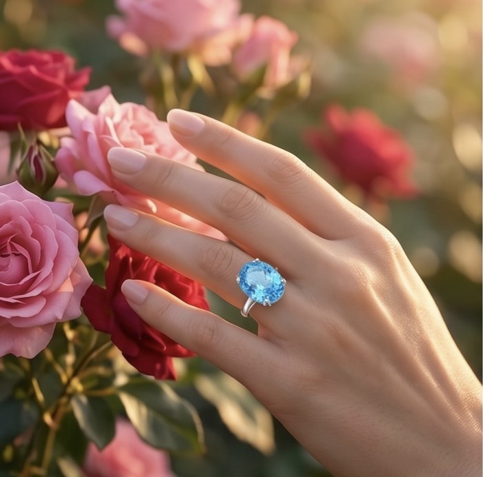 ENCHANTED OCEAN 16.3 carat Swiss Blue Topaz .925 Sterling Silver dipped in rhodium handcrafted ring size 6 3/4 - Swiss Blue Topaz ring worn on hand with roses background.