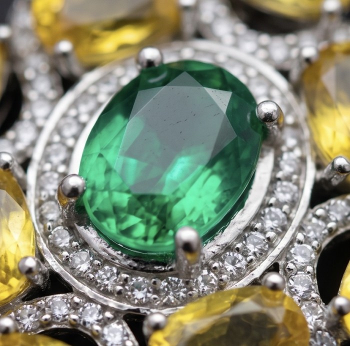 Giovanna - 12.5 carat Authentic Brazilian Peridot .925 Sterling Silver handcrafted Pendant - Stone close-up of Brazilian peridot and surrounding diamonds.