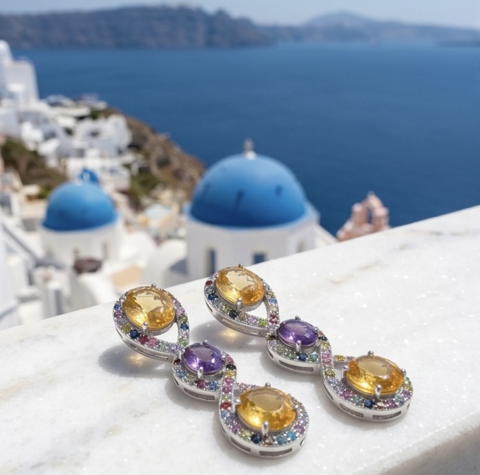 Exclusive 14.5 carat Brazilian Citine rhodium over .925 Sterling Silver handcrafted Earrings - Colorful earrings on white marble with ocean and domes in background