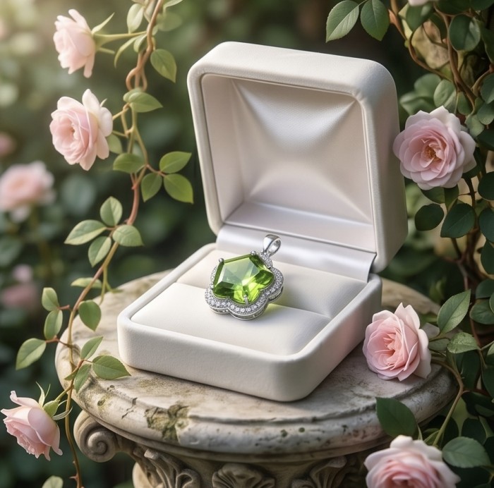 Green Clover 6.8 carat authentic Brazilian Peridot .925 Sterling Silver Handcrafted Statement pendant - Peridot pendant in open box, surrounded by pink roses, close-up angle.