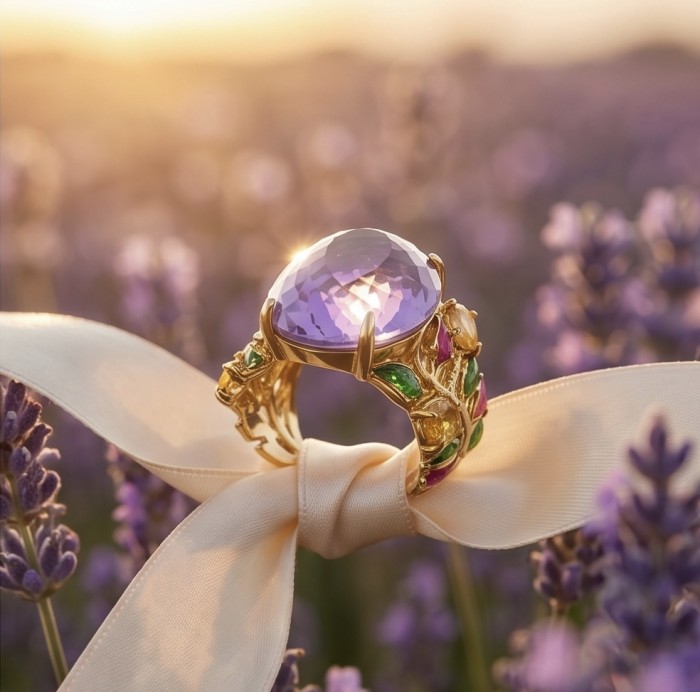 Peace 17.5 carat fancy Rose cut natural Amethyst 22K Gold over .925 Sterling Silver Handcrafted Ring size 6 1/4 - Close-up of amethyst ring in gold setting with ribbon and lavender backdrop.