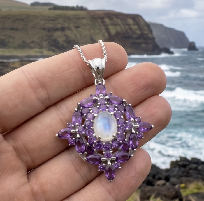 Genuine 5.2 carat Pink Fire Moonstone .925 Sterling Silver handcrafted pendant - Close-up of pink fire moonstone pendant in hand, ocean backdrop.