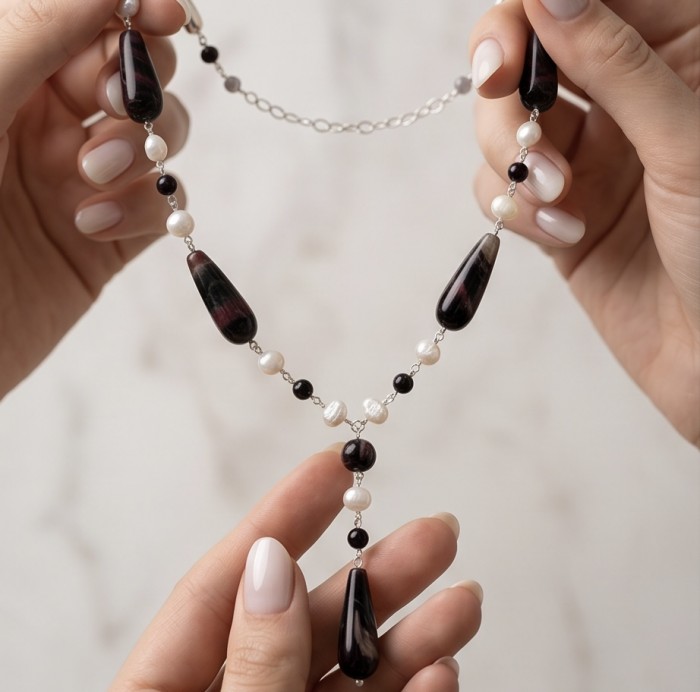 Black and White 26 inches authentic Onyx Pearl .925 Sterling Silver handmade Station Necklace - Close-up of hands holding black onyx and pearl necklace.
