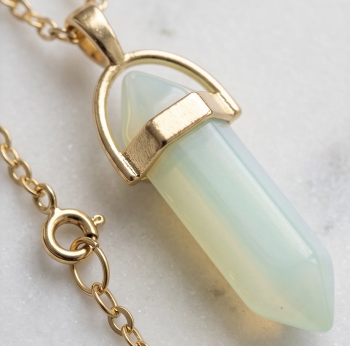 Incredible Design Opalite .925 Sterling Silver handmade Necklace - Close-up of opalite stone pendant with gold chain detail.