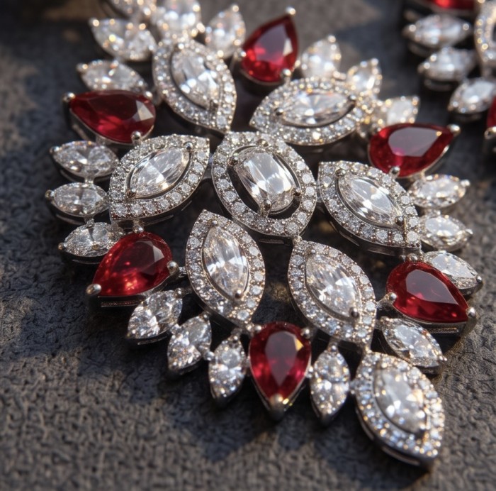 Isabella - Beauty of Nature- natural 27.5 carat Ruby Rhodium over .925 Sterling Silver handmade Statement earrings - Close-up of Isabella Ruby Rhodium piece, highlighting stones and design.
