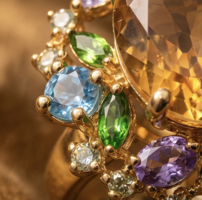 Victoria Authentic 10.7 carat Brazilian Citrine .925 Sterling Silver brilliantly dipped in 22K Gold handcrafted Statement ring; s. 8 - Close-up of multicolored gemstones on a Victoria Authentic ring.
