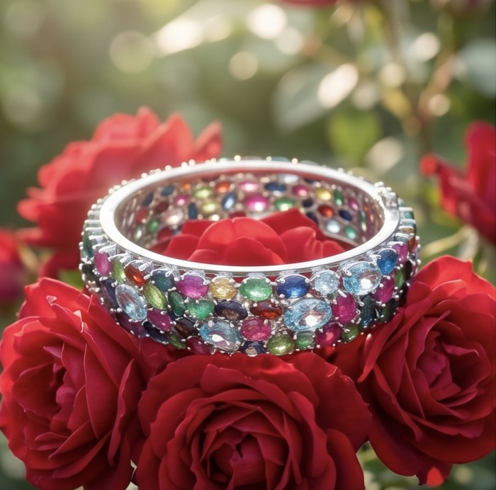 Tiffany - Authentic 62.2 carat Swiss Blue Topaz .925 Sterling Silver handcrafted Statement bangle Bracelet - Close-up of colorful gemstone bracelet surrounded by red roses.